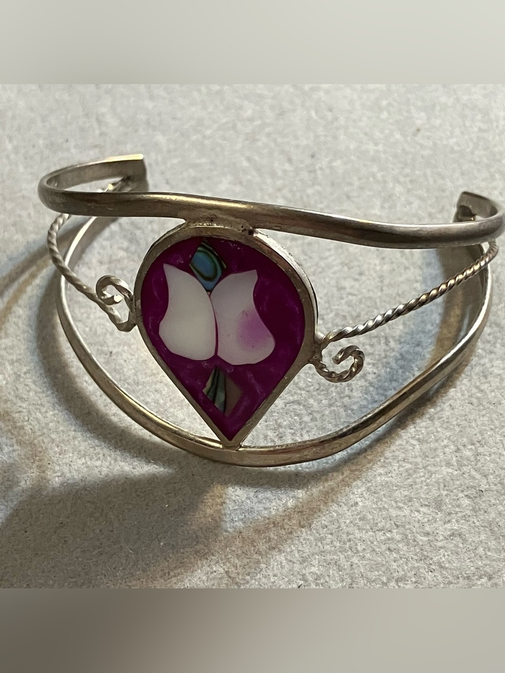 Vintage Handcrafted Cuff Bracelet with Mother of Pearl Abalone Inlay Mexico